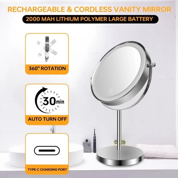 8" Lighted Makeup Mirror, 10X Magnification, Double Sided Dimmable Rechargable - Picture 2 of 6